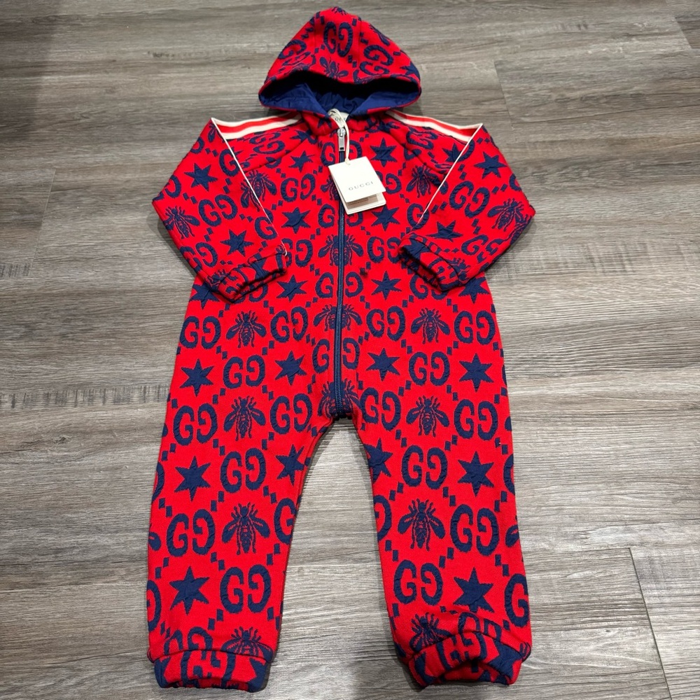 Gucci Logo All in One Bee Star Red and Blue Hooded Onesie One Piece